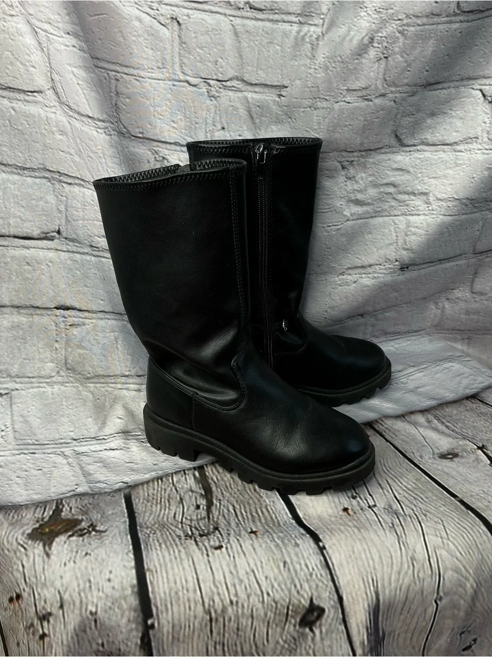 Steve Madden Girls Black Mid-Calf Zip-Up Pleather Lug Sole Boots Sz 11 AS IS GUC